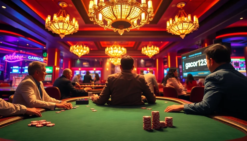 Players engaged in a high-stakes poker game at a luxurious casino with "gacor123" enhancing the excitement of the atmosphere.