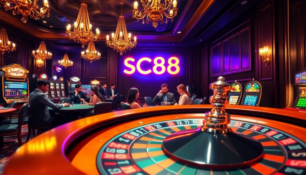 "Experience the thrill of SC88 as players engage at luxurious poker tables in an upscale casino atmosphere."
